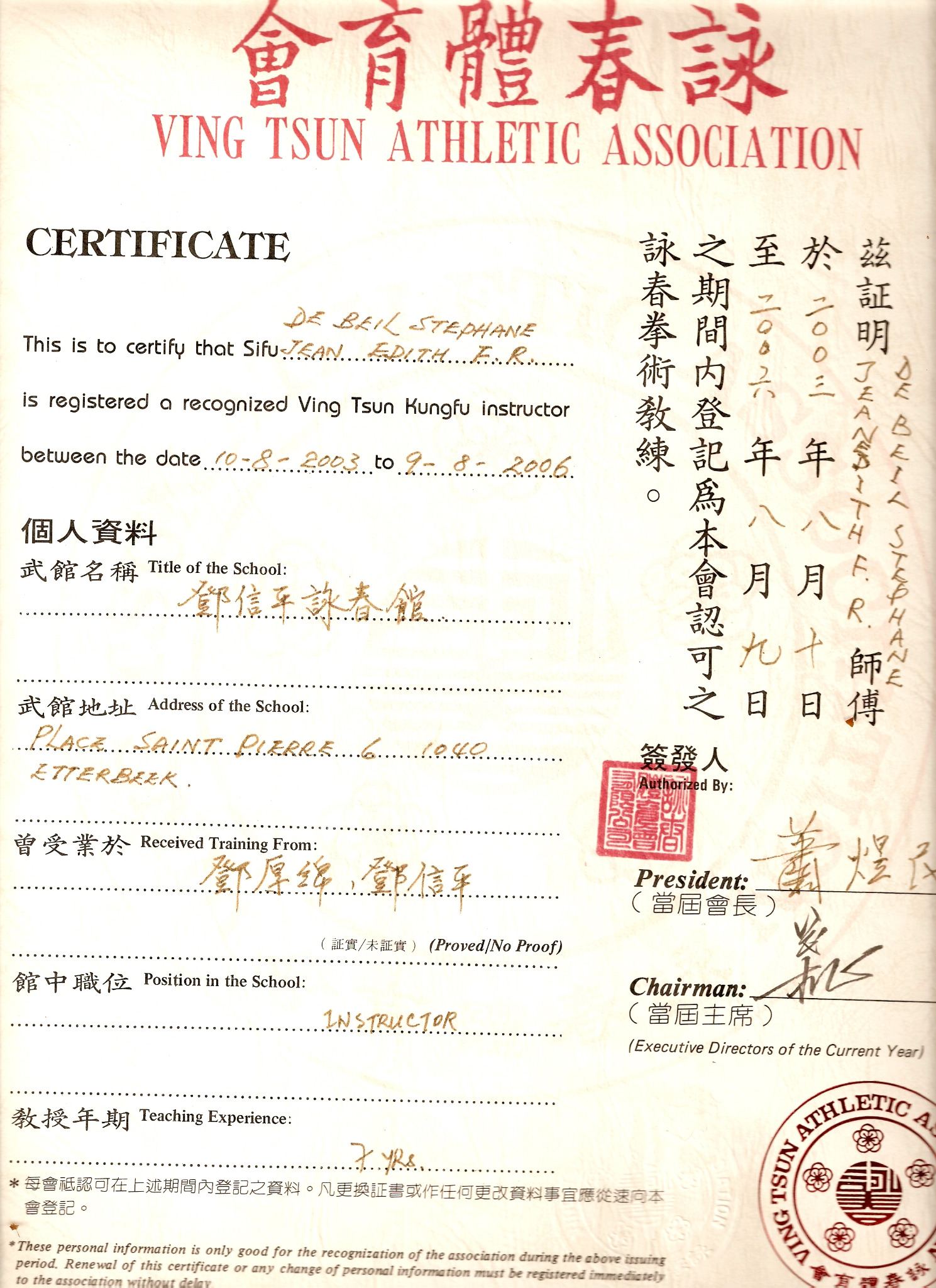 Sifu De Beil et ses maîtres de Wing Chun